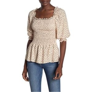NWT Max Studio Smocked Polka Dot Peplum Peasant Blouse